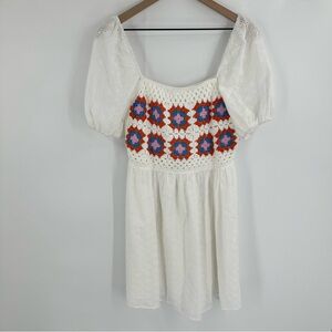 FATE White Eyelet Crochet‎ Front Dress White Medium Puff Sleeves Granny Square